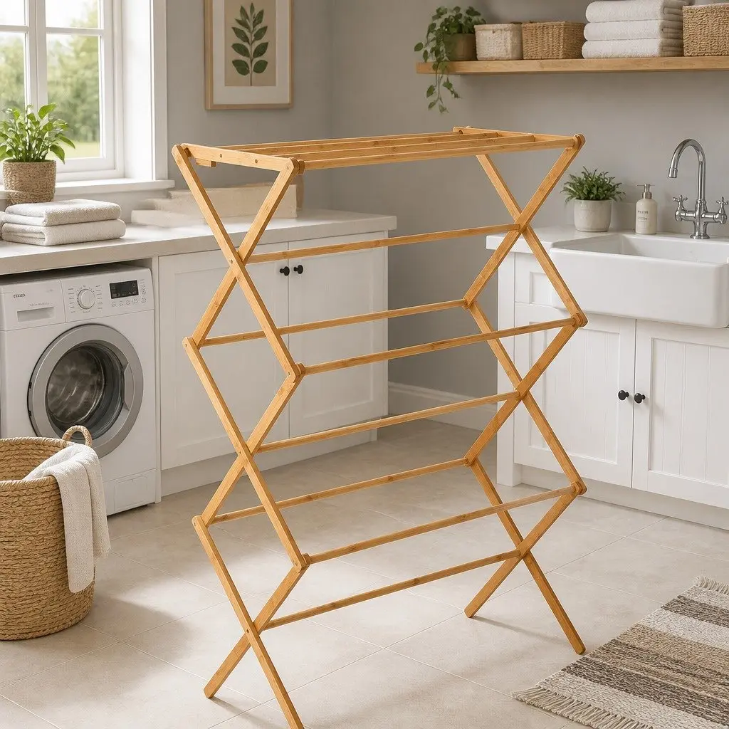Bamboo Clothes Airer Drying Rack Foldable 11 Bars Natural