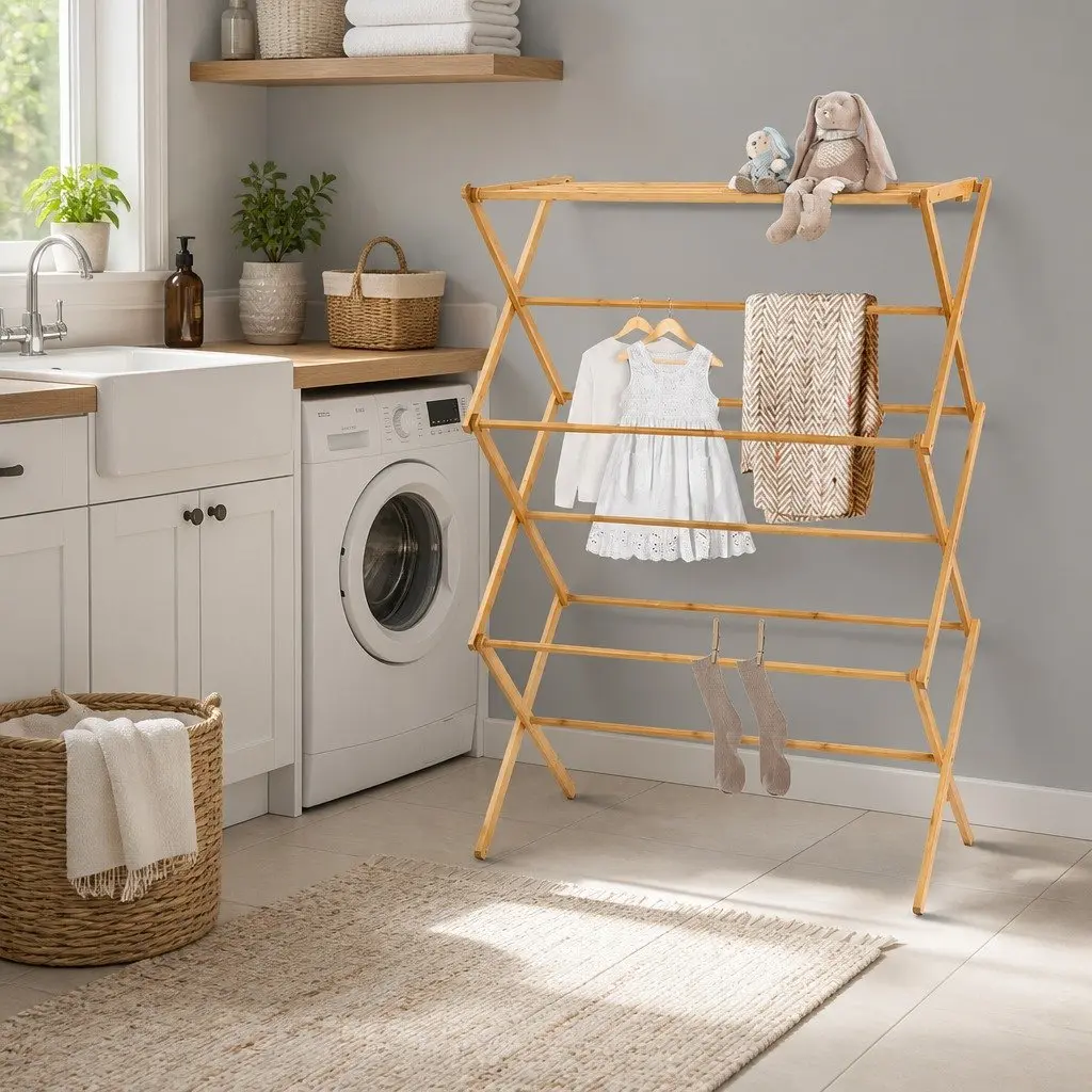 Bamboo Clothes Airer Drying Rack Foldable 11 Bars Natural