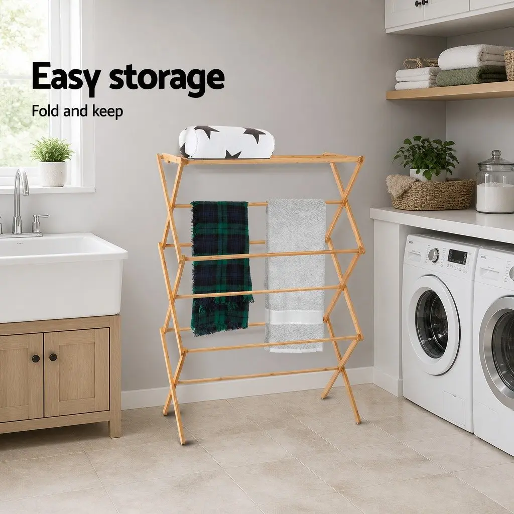 Bamboo Clothes Airer Drying Rack Foldable 11 Bars Natural