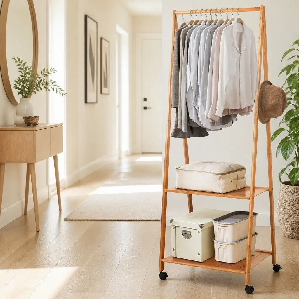 Clothes Rack Stand for Hallway Bedroom Retail Display 165x59cm Natural Bamboo with Wheels Shelves Hooks
