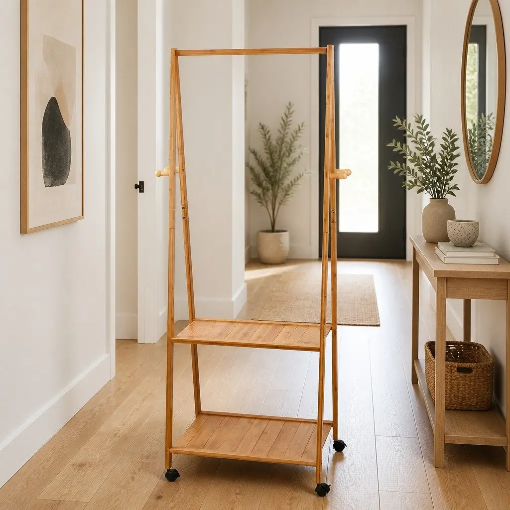 Clothes Rack Stand for Hallway Bedroom Retail Display 165x59cm Natural Bamboo with Wheels Shelves Hooks