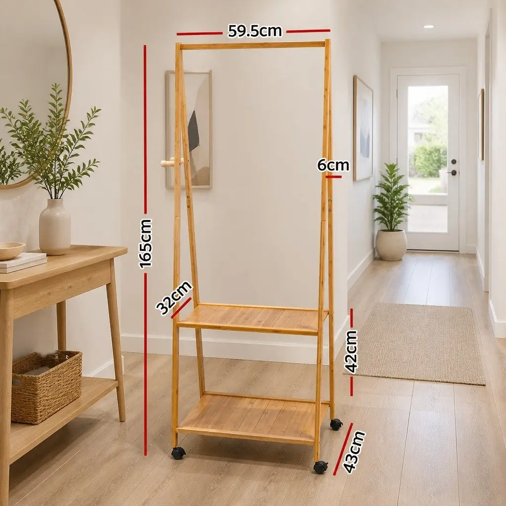 Clothes Rack Stand for Hallway Bedroom Retail Display 165x59cm Natural Bamboo with Wheels Shelves Hooks