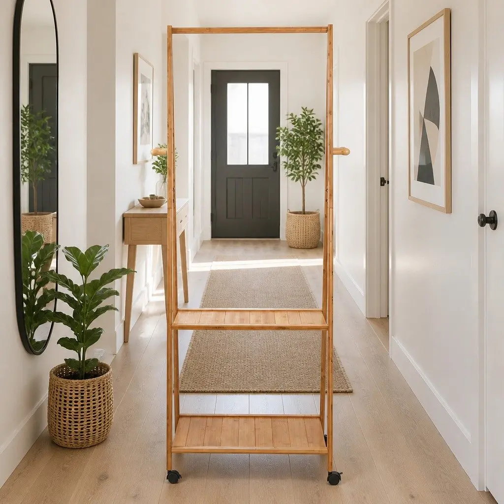 Clothes Rack Stand for Hallway Bedroom Retail Display 165x59cm Natural Bamboo with Wheels Shelves Hooks
