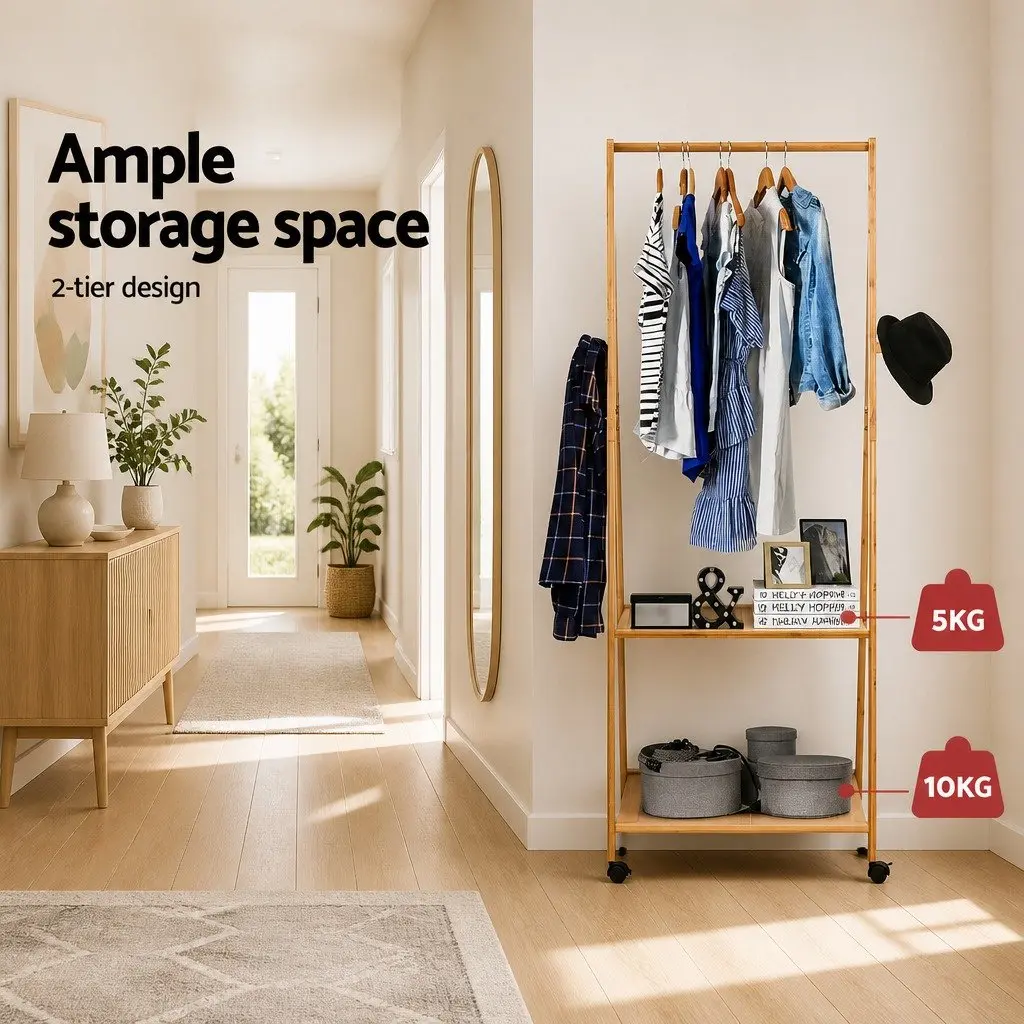 Clothes Rack Stand for Hallway Bedroom Retail Display 165x59cm Natural Bamboo with Wheels Shelves Hooks