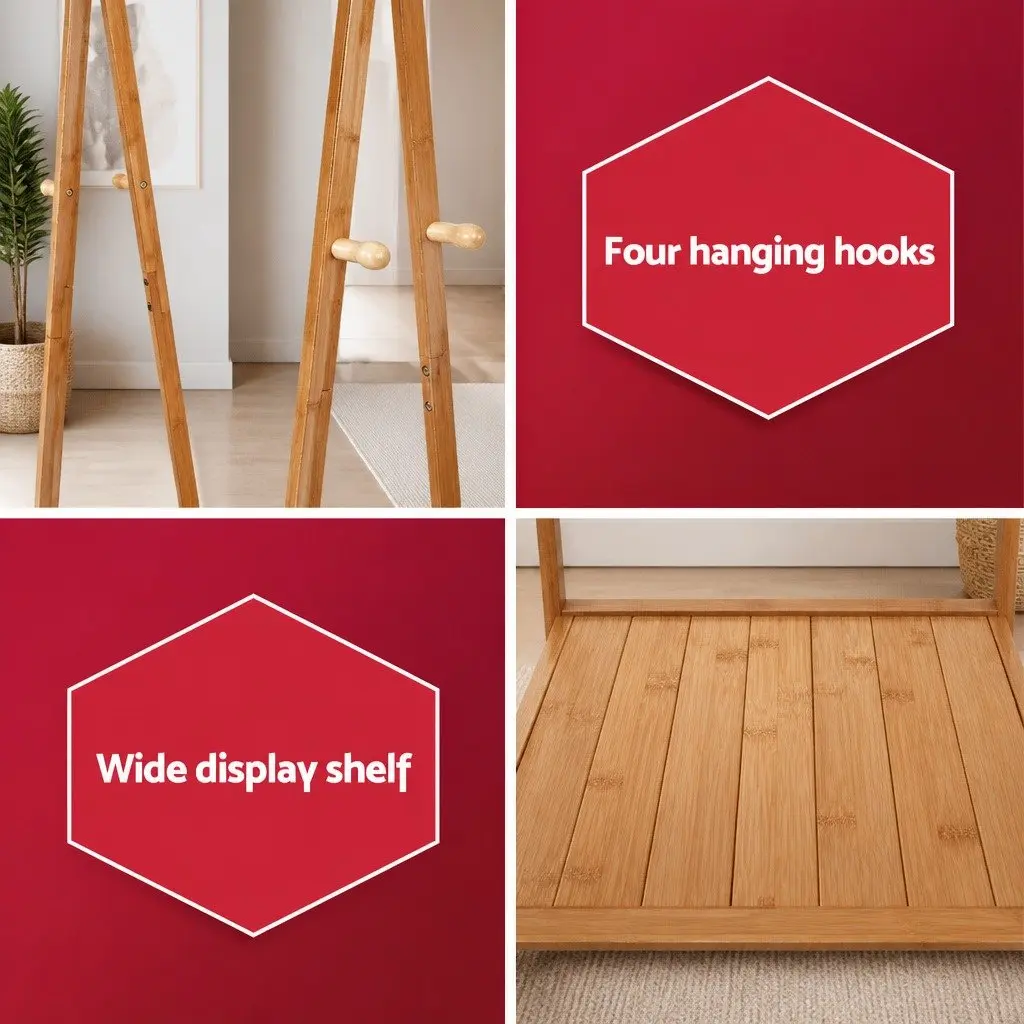 Clothes Rack Stand for Hallway Bedroom Retail Display 165x59cm Natural Bamboo with Wheels Shelves Hooks