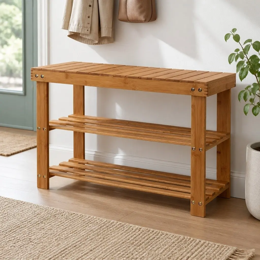 Bamboo Shoe Bench Rack Storage Organizer Seat 10 Pairs Natural Wood Entryway