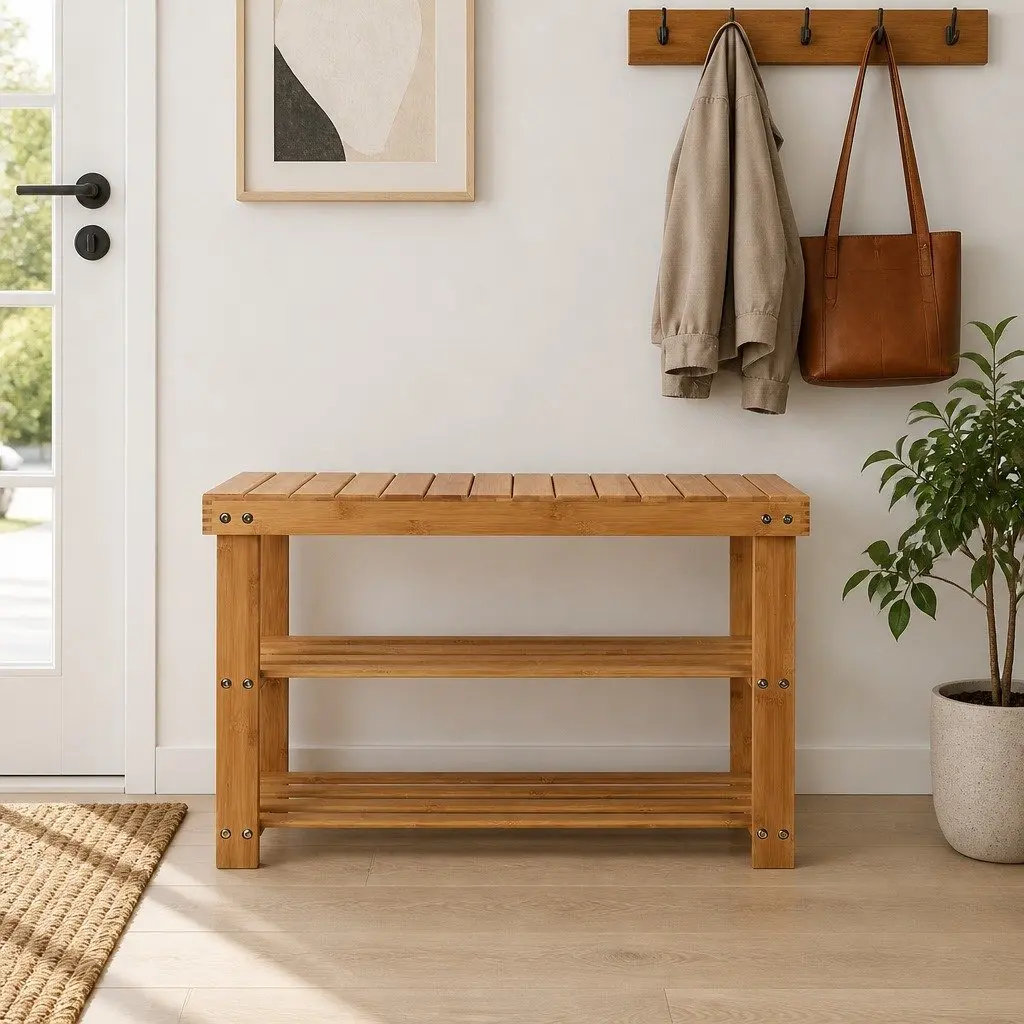 Bamboo Shoe Bench Rack Storage Organizer Seat 10 Pairs Natural Wood Entryway