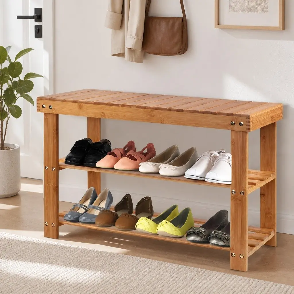Bamboo Shoe Bench Rack Storage Organizer Seat 10 Pairs Natural Wood Entryway