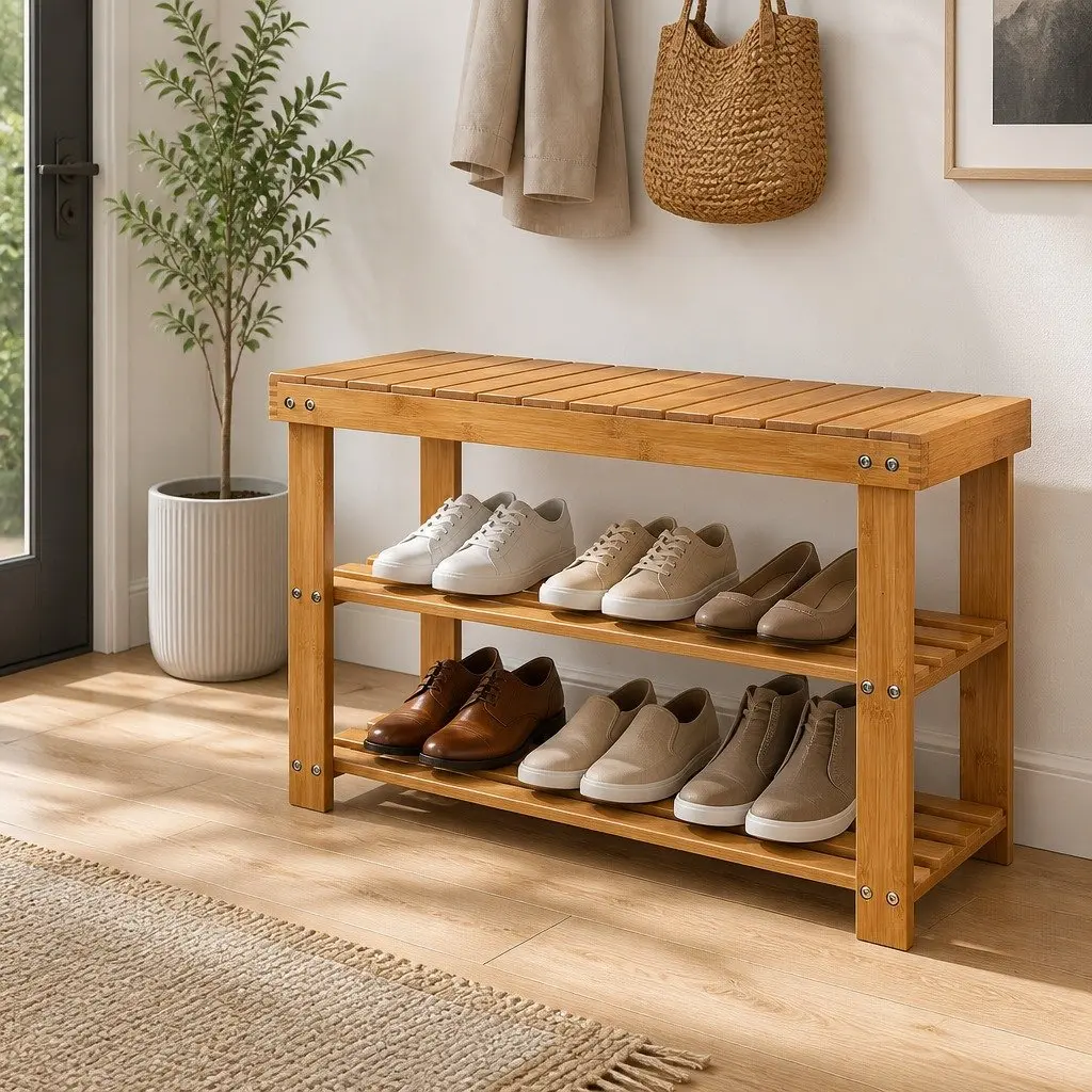 Bamboo Shoe Bench Rack Storage Organizer Seat 10 Pairs Natural Wood Entryway