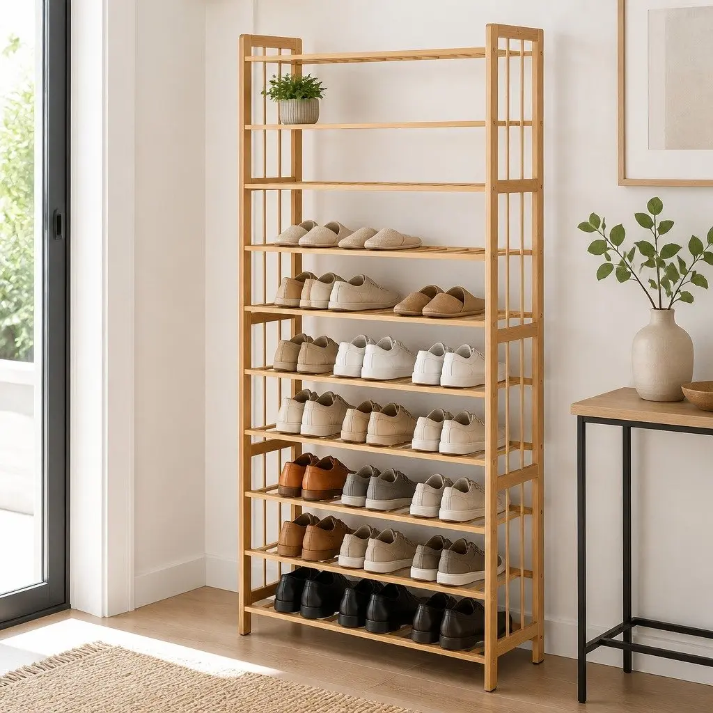 Bamboo Shoe Rack 10-Tier Open Storage Organizer Natural for Entryway Hallway Bedroom Living Room