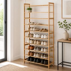 10-Tier Natural Bamboo Shoe Organizer - Specs Focused