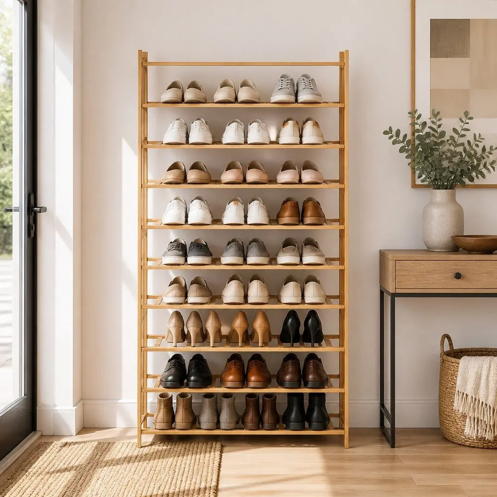 Bamboo Shoe Rack 10-Tier Open Storage Organizer Natural for Entryway Hallway Bedroom Living Room