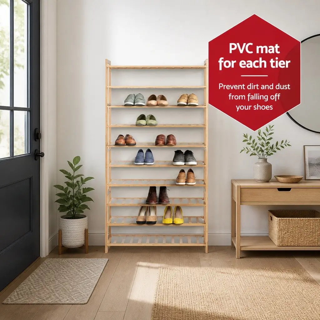 Bamboo Shoe Rack 10-Tier Open Storage Organizer Natural for Entryway Hallway Bedroom Living Room