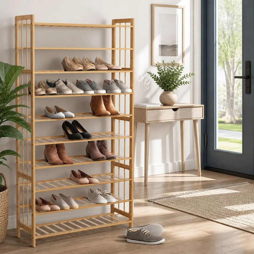 Bamboo Shoe Rack 10-Tier Open Storage Organizer Natural for Entryway Hallway Bedroom Living Room