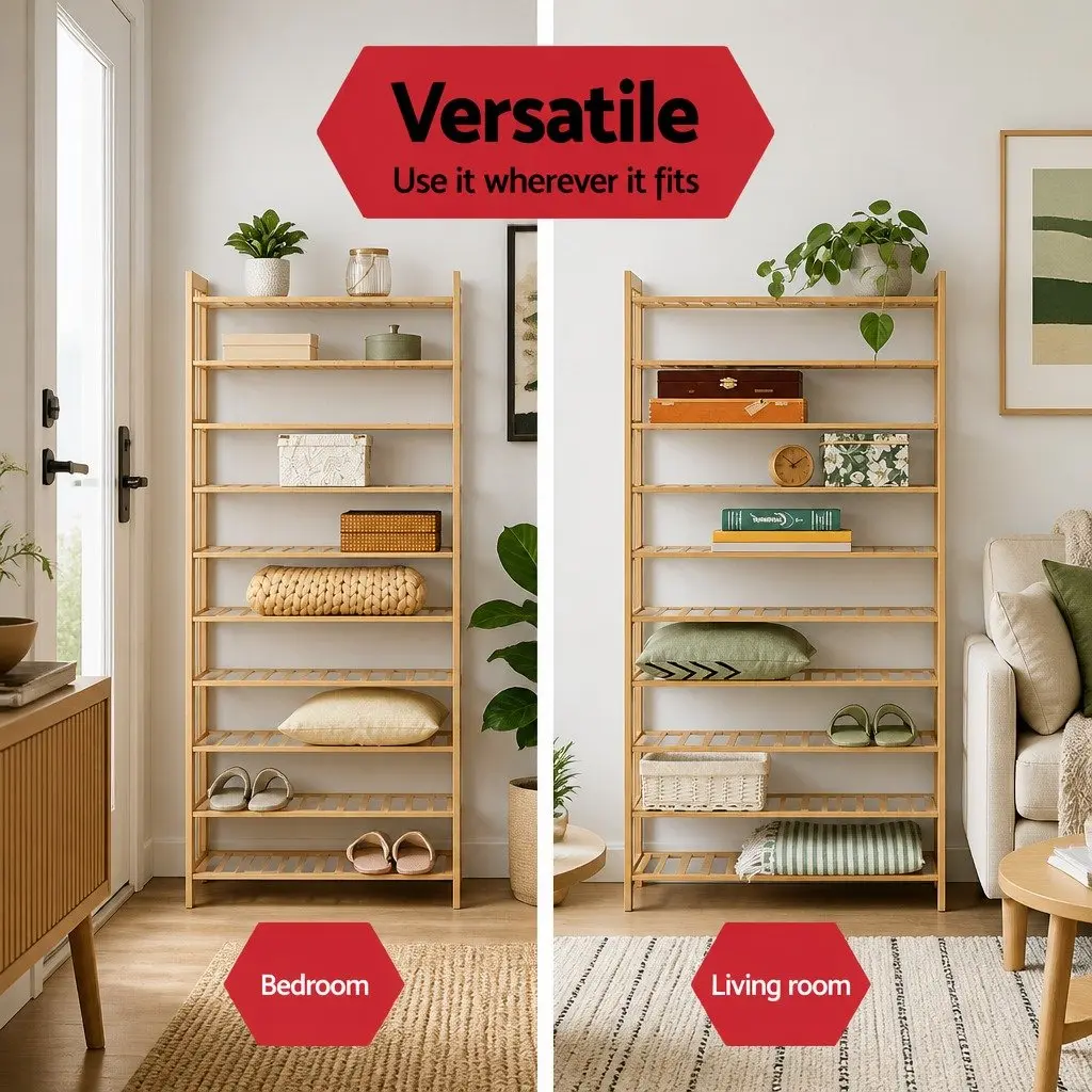Bamboo Shoe Rack 10-Tier Open Storage Organizer Natural for Entryway Hallway Bedroom Living Room
