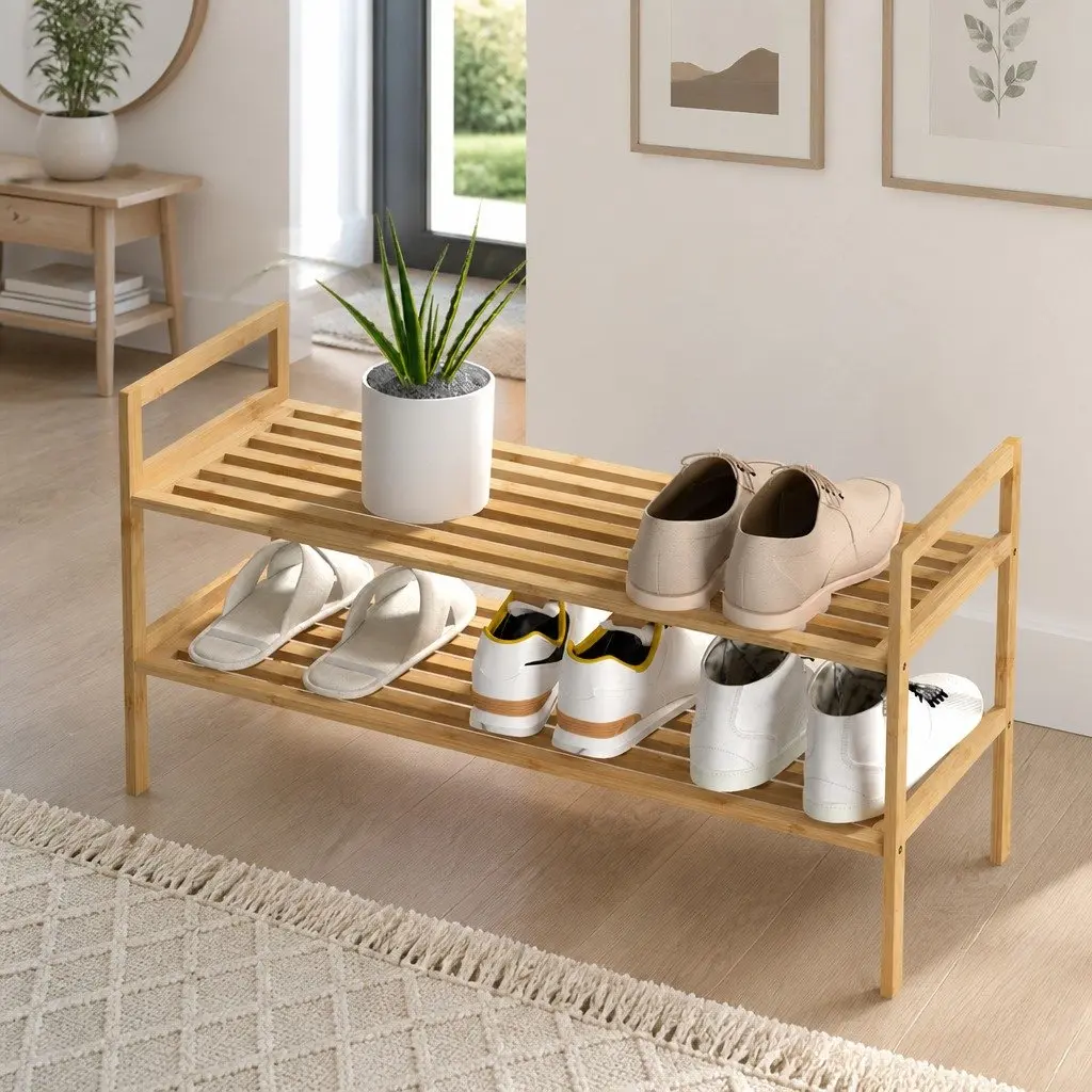 Shoe Rack Storage Organiser Living Room 2-Tier Bamboo Pine Wood