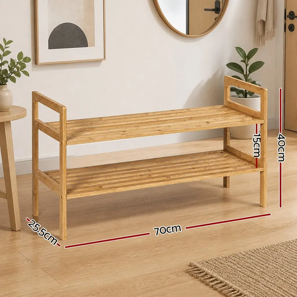 Shoe Rack Storage Organiser Living Room 2-Tier Bamboo Pine Wood