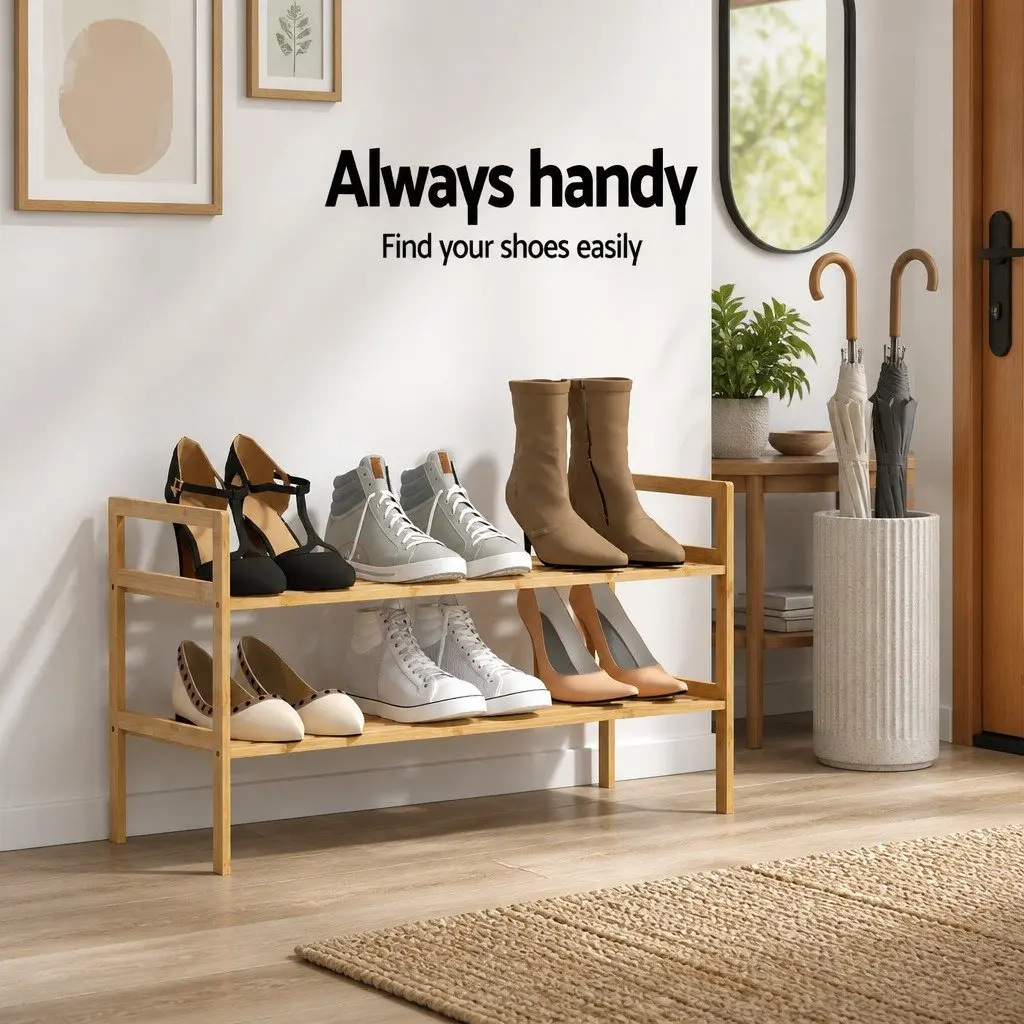 Shoe Rack Storage Organiser Living Room 2-Tier Bamboo Pine Wood