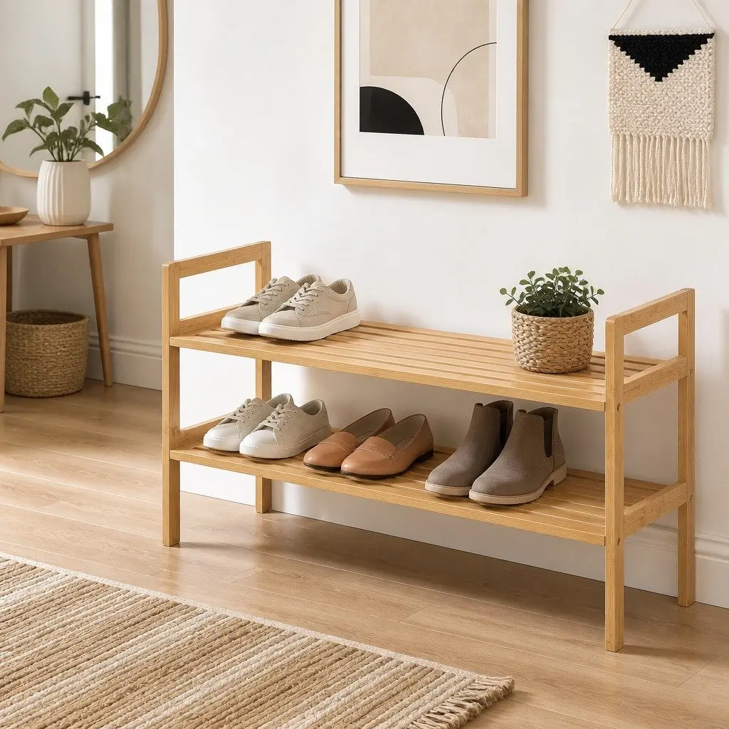 Shoe Rack Storage Organiser Living Room 2-Tier Bamboo Pine Wood