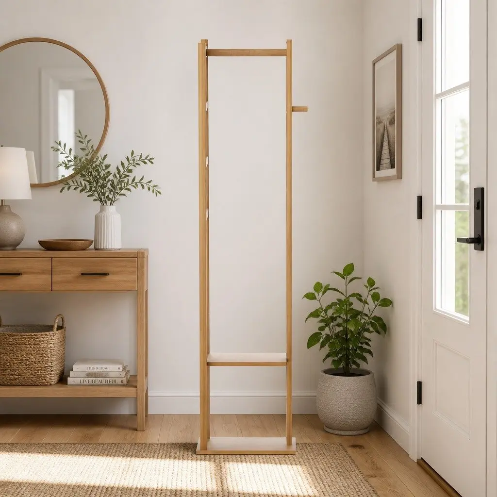 Clothes Rack Airer Coat Stand with Hanging Rail Storage Shelf Side Hook Bamboo
