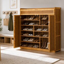Bamboo Melamine Shoe Rack Cabinet - 117 x 33 x 115 cm