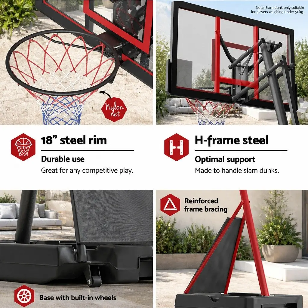Portable Basketball Hoop Stand System Adjustable 2.4m to 3.05m Height Red