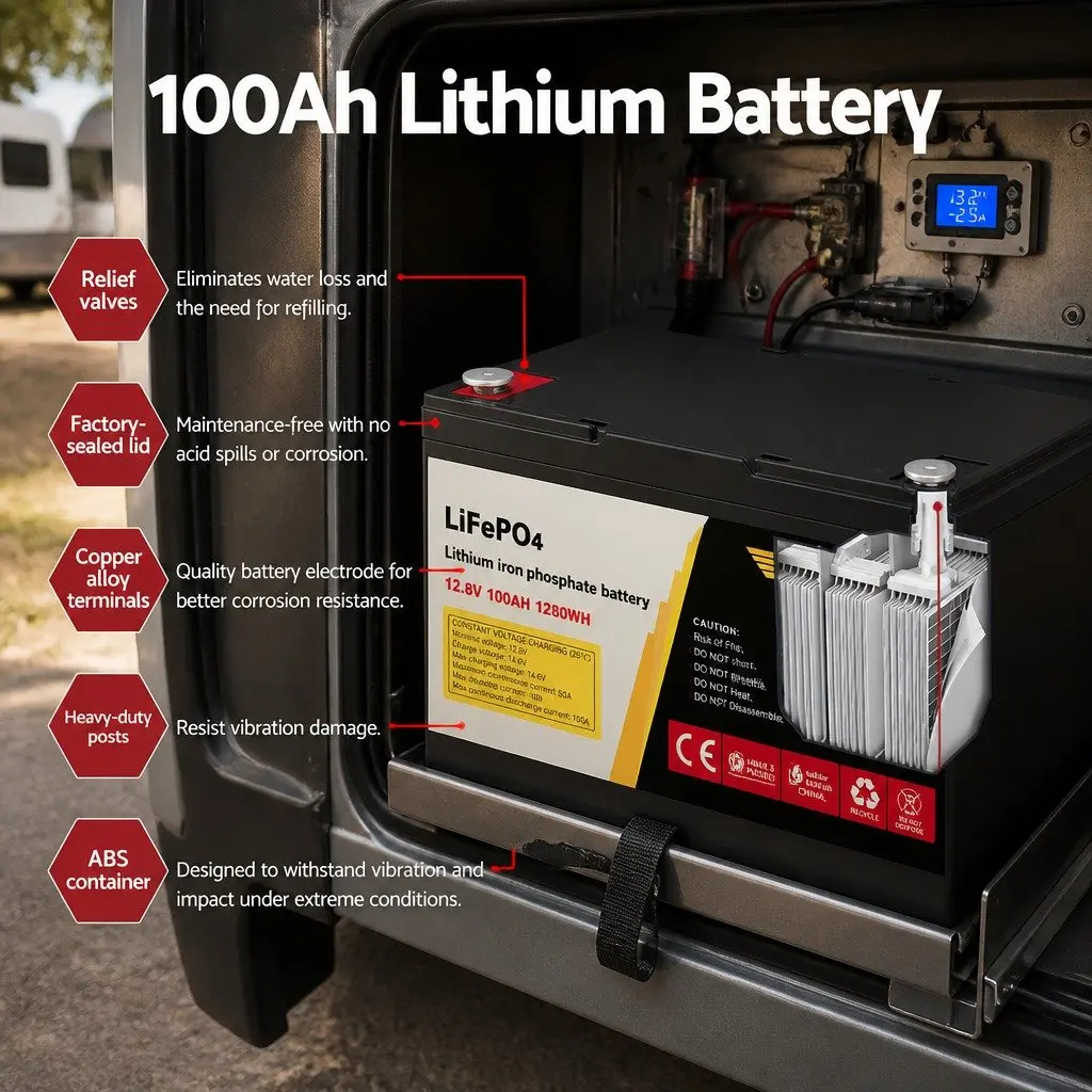 12V 100Ah Lithium LiFePO4 Deep Cycle Battery for Camping Caravans Solar Power Supply
