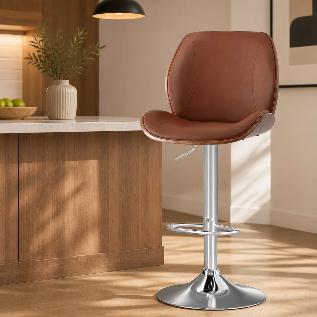 Bar Stool Kitchen Dining Counter Height Adjustable Brown Leather 98-120cm