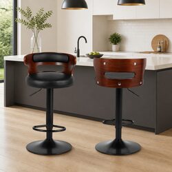 Bar Stools 2x Gas Lift Swivel Chair Black PU Leather Mid-Back Adjustable Height