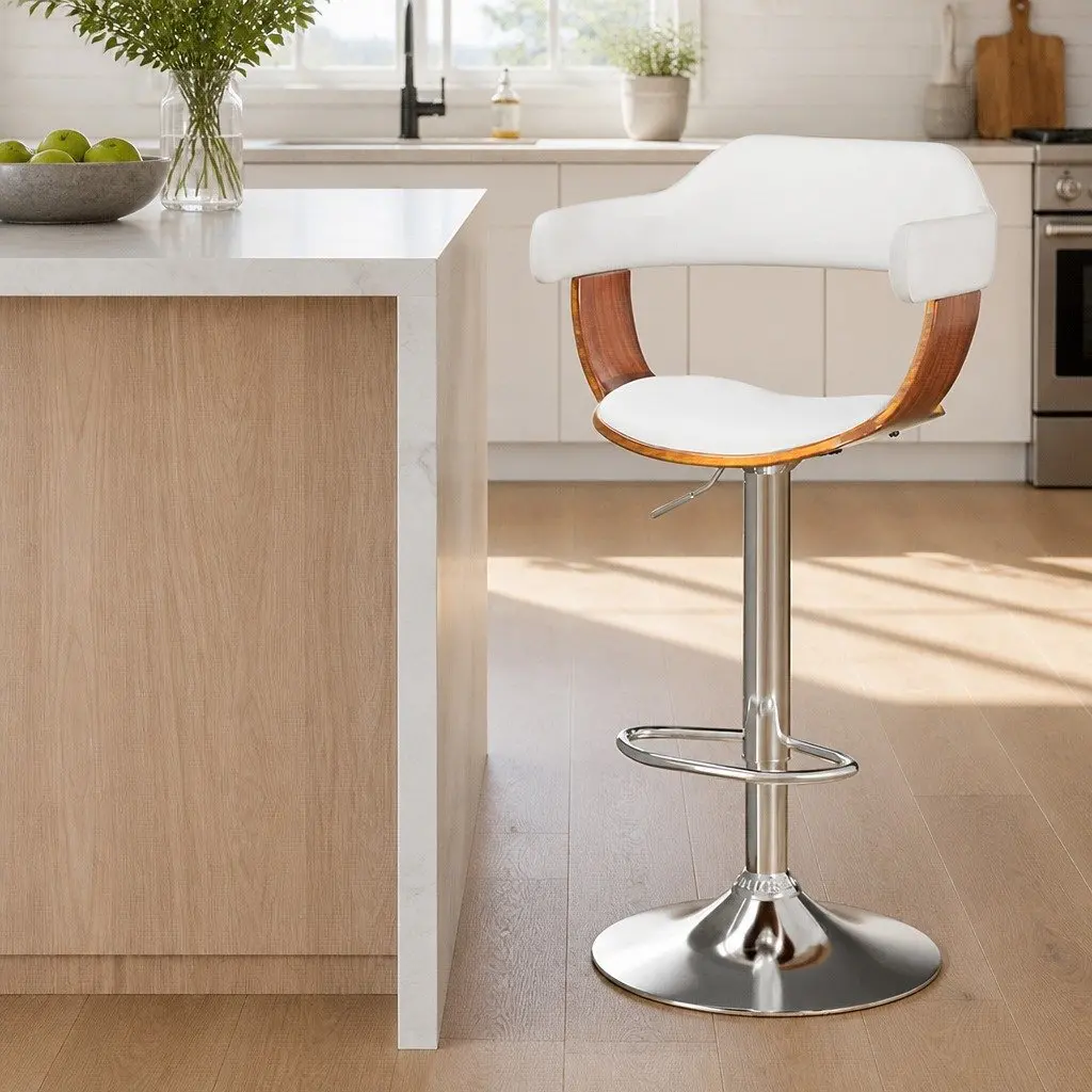 Bar Stools Gas Lift Swivel Chair White Padded Seat Chrome Base Footrest