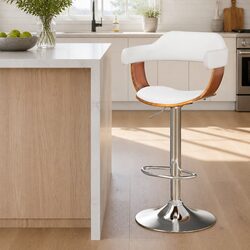 Bar Stools Gas Lift Swivel Chair White Padded Seat Chrome Base Footrest