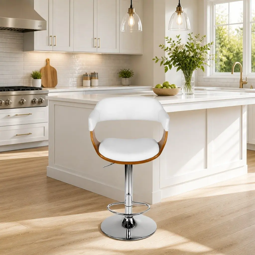 Bar Stools Gas Lift Swivel Chair White Padded Seat Chrome Base Footrest