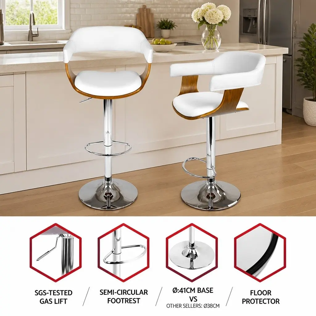 Bar Stools Gas Lift Swivel Chair White Padded Seat Chrome Base Footrest