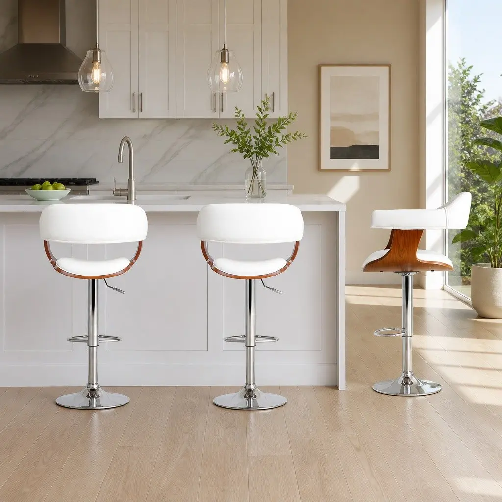 Bar Stools Gas Lift Swivel Chair White Padded Seat Chrome Base Footrest