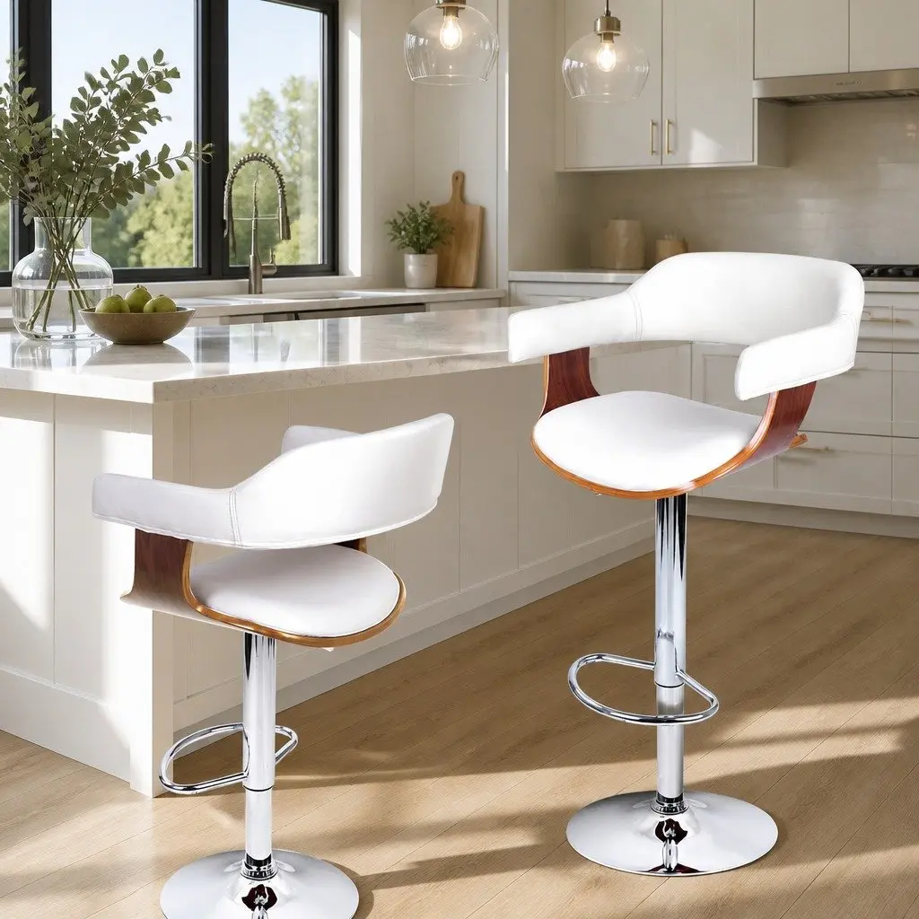 Bar Stools Gas Lift Swivel Chair White Padded Seat Chrome Base Footrest