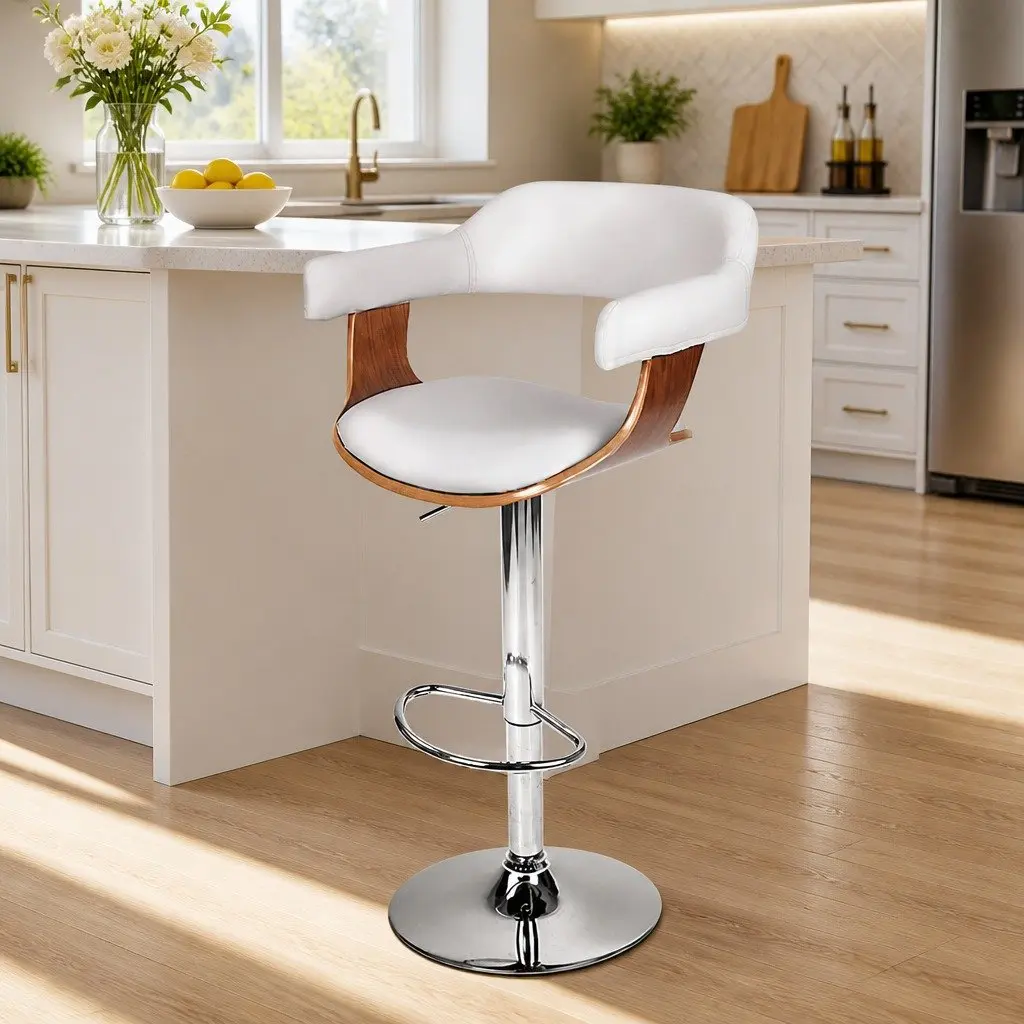 Bar Stools Gas Lift Swivel Chair White Padded Seat Chrome Base Footrest