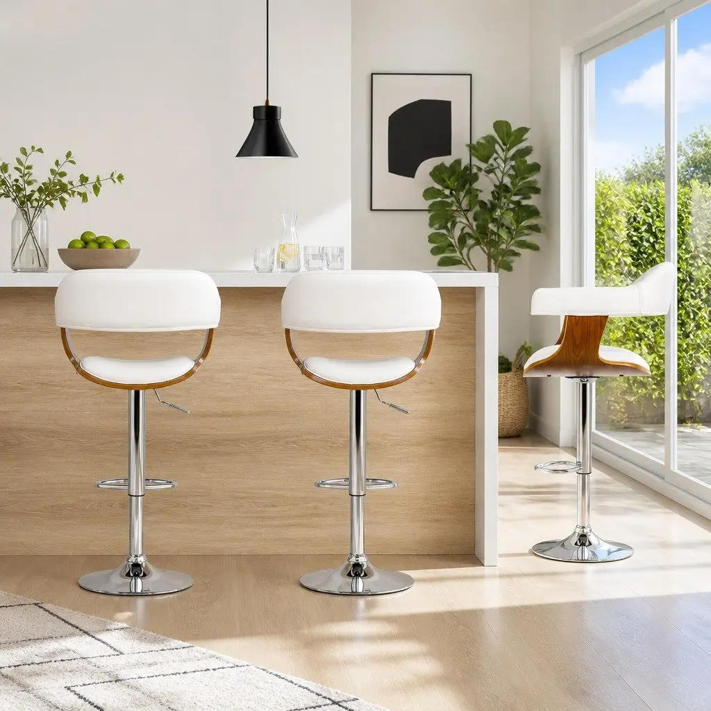 Bar Stools Gas Lift Swivel Chair Wooden Seat Armrest White Set of 2