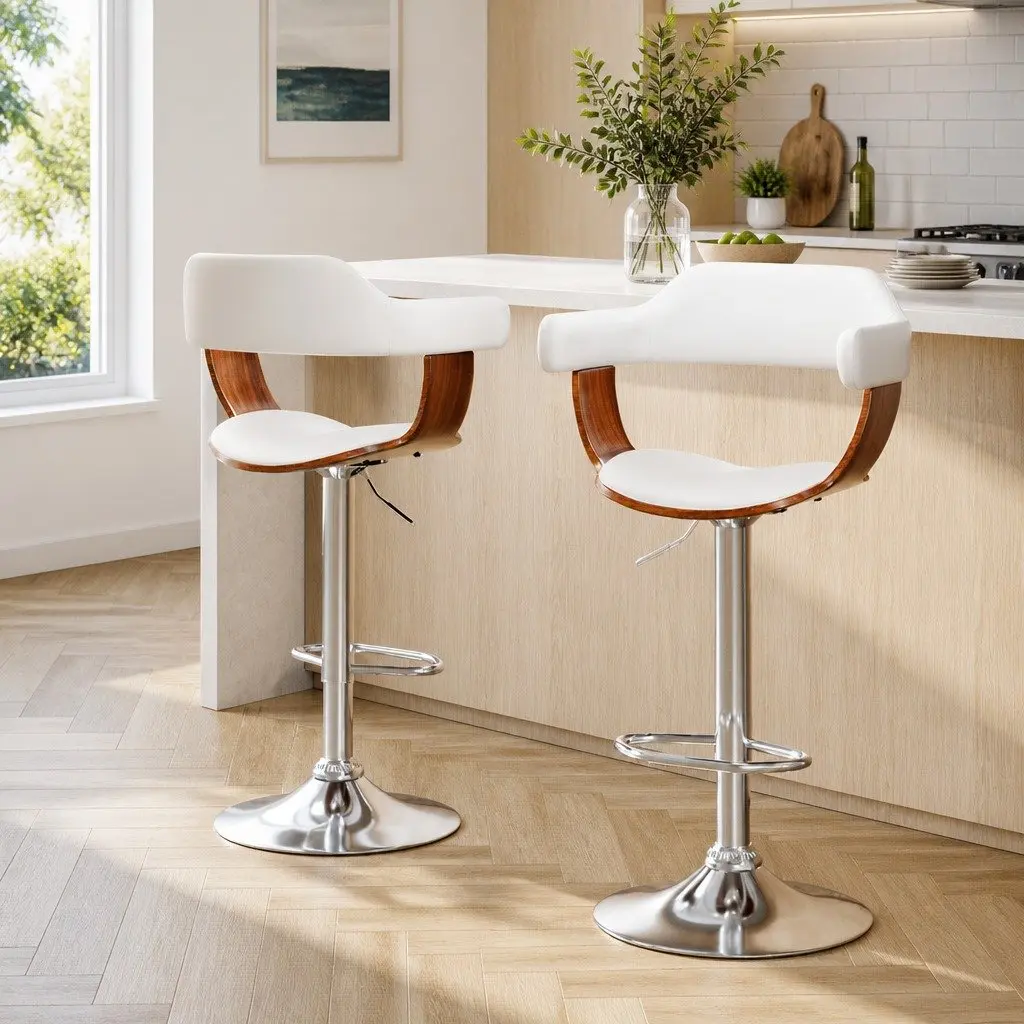 Bar Stools Gas Lift Swivel Chair Wooden Seat Armrest White Set of 2