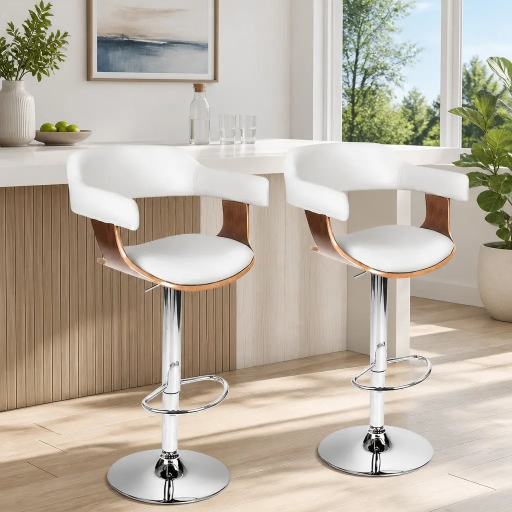 Bar Stools Gas Lift Swivel Chair Wooden Seat Armrest White Set of 2
