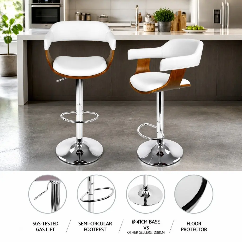 Bar Stools Gas Lift Height Adjustable Swivel Seat White Armrest Chrome Base x4