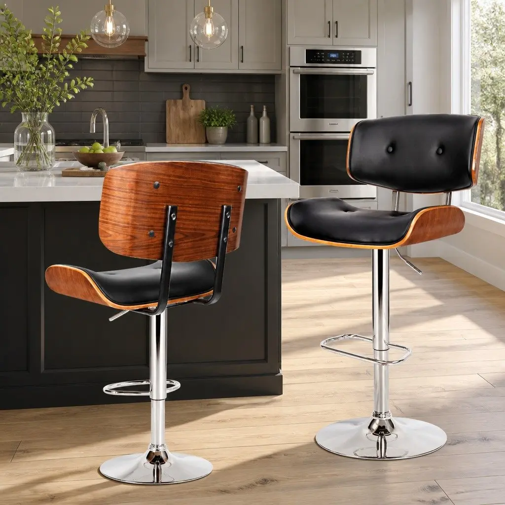 Black Padded Bar Stool with Gas Lift and Chrome Base