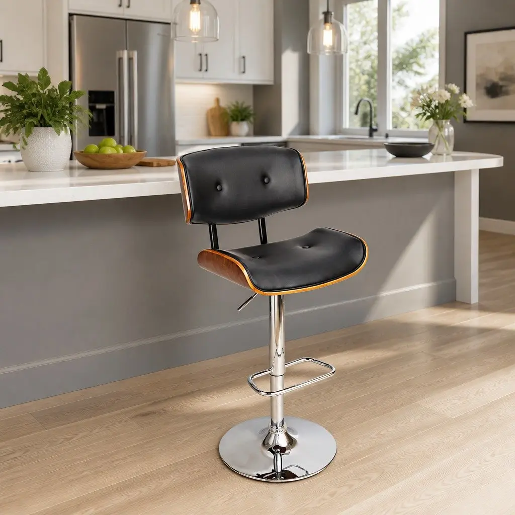 Black Padded Bar Stool with Gas Lift and Chrome Base