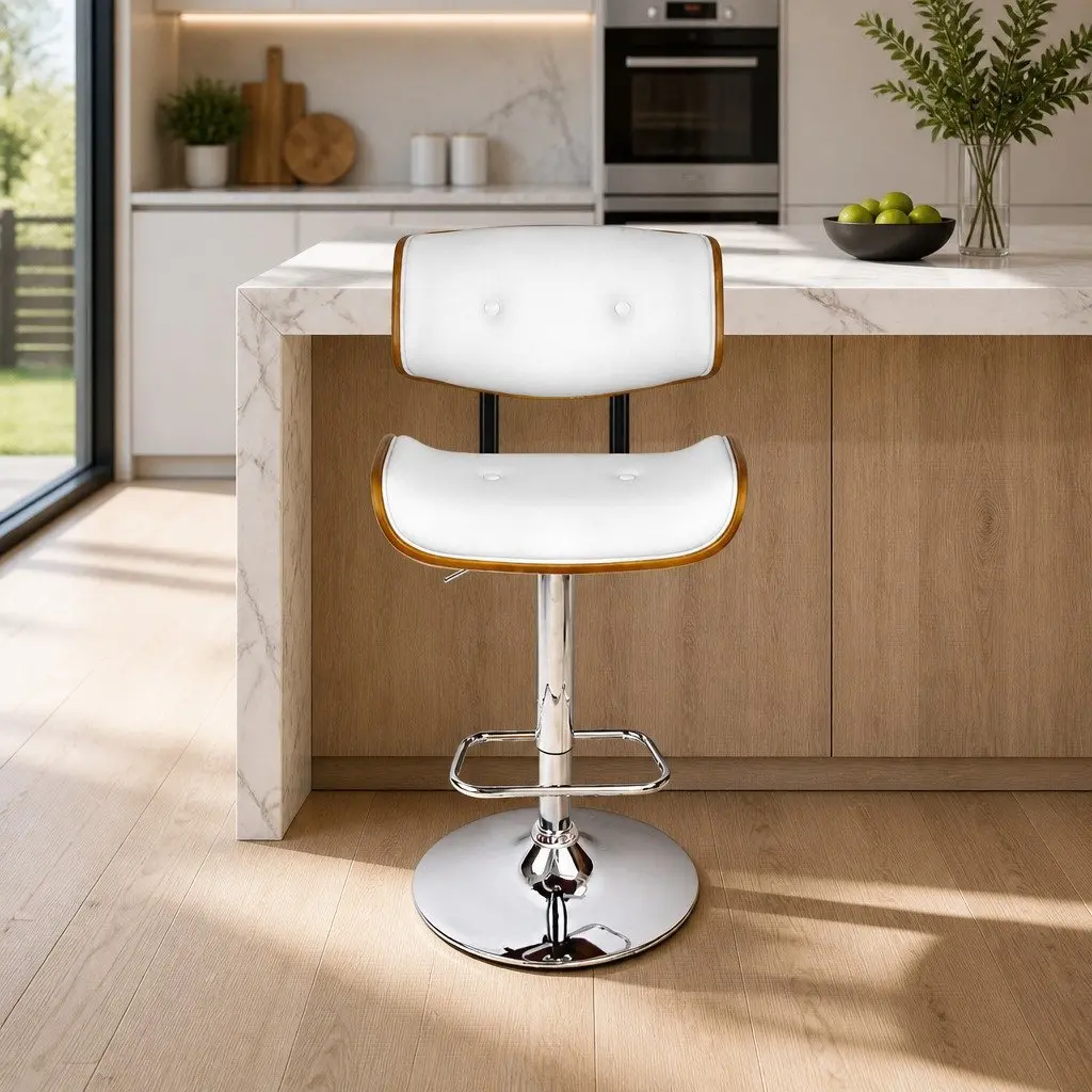 Bar Stool Gas Lift Swivel Chair Wooden Seat Chrome Base Footrest White Padded