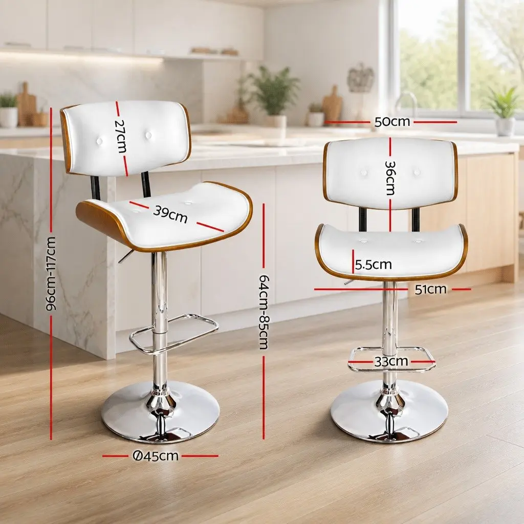 Bar Stool Gas Lift Swivel Chair Wooden Seat Chrome Base Footrest White Padded