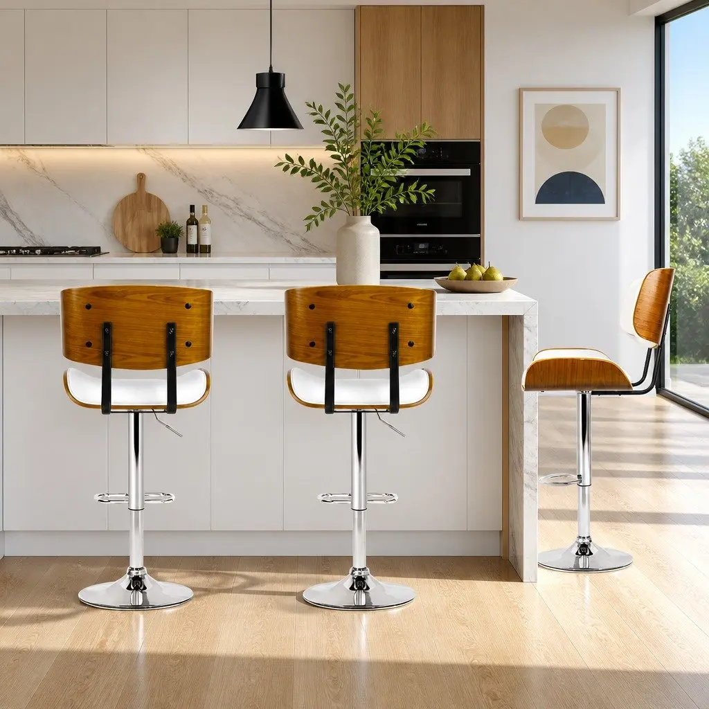 Bar Stool Gas Lift Swivel Chair Wooden Seat Chrome Base Footrest White Padded