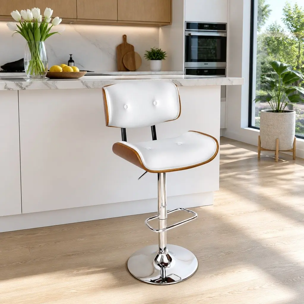 Bar Stool Gas Lift Swivel Chair Wooden Seat Chrome Base Footrest White Padded
