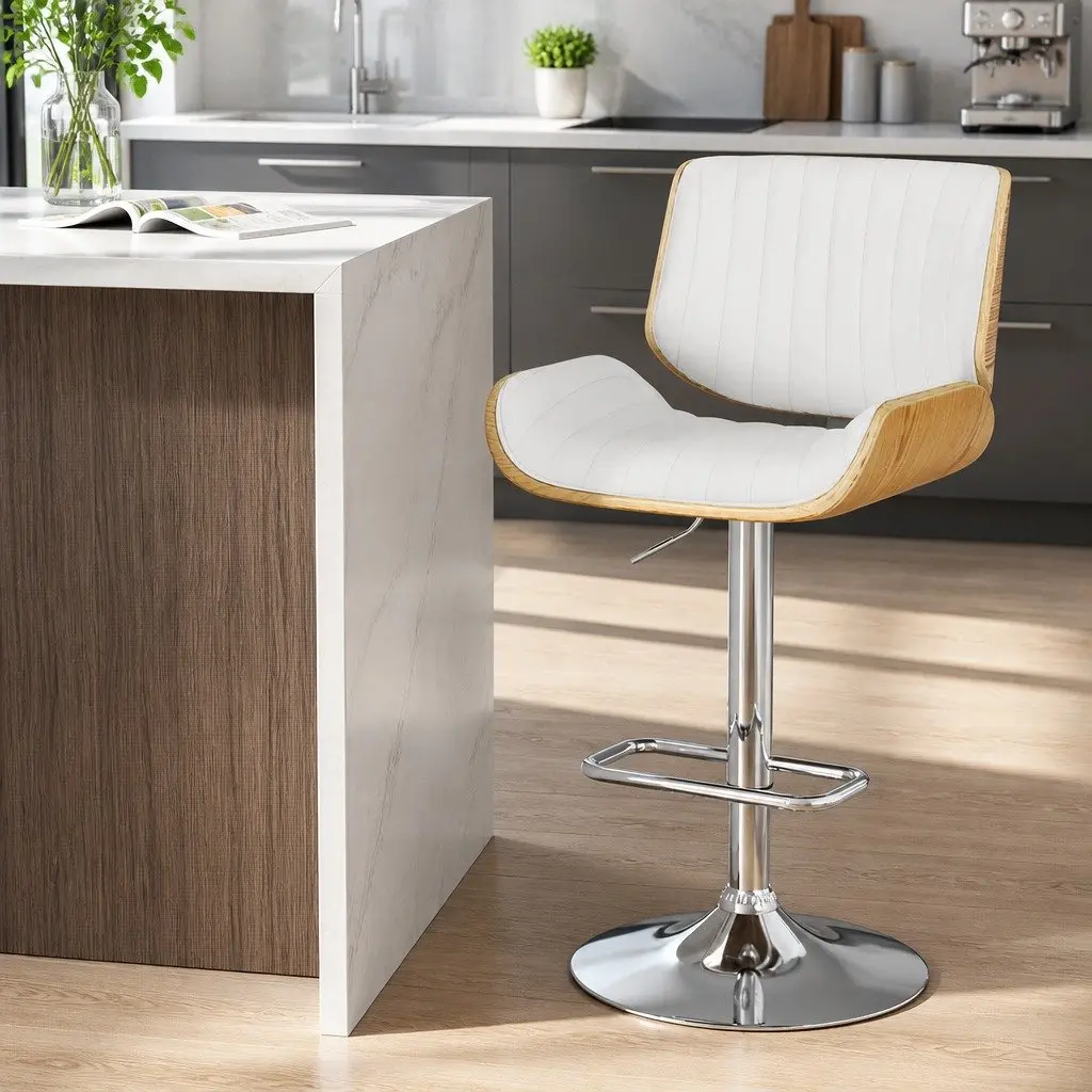 Bar Stools Kitchen Adjustable Height Swivel Wooden Seat White