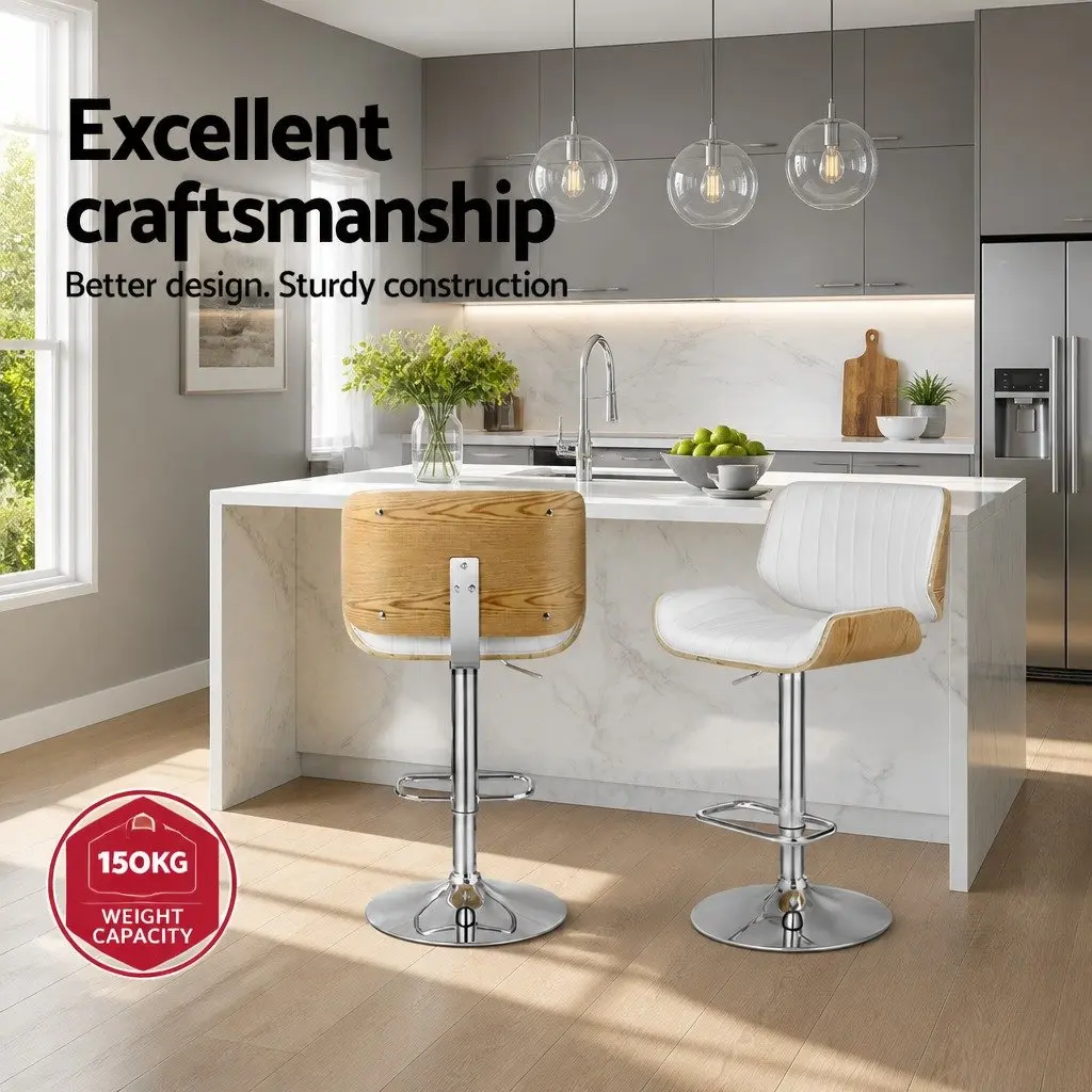 Bar Stools Kitchen Adjustable Height Swivel Wooden Seat White