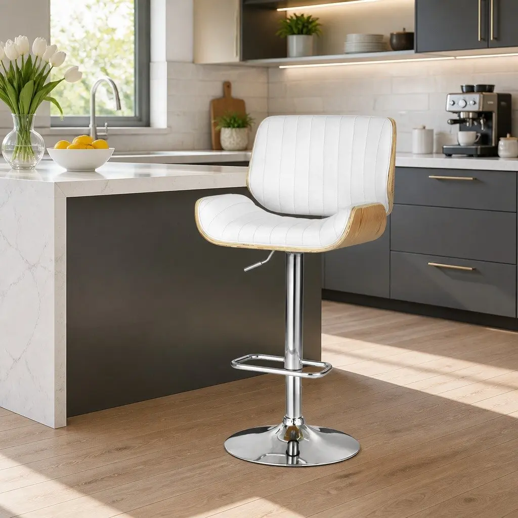 Bar Stools Kitchen Adjustable Height Swivel Wooden Seat White