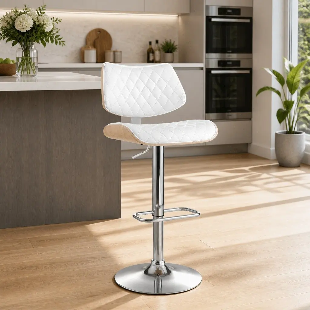 Bar Stool Kitchen Dining Chair Adjustable Height White 50cm x 41cm x 93-115cm